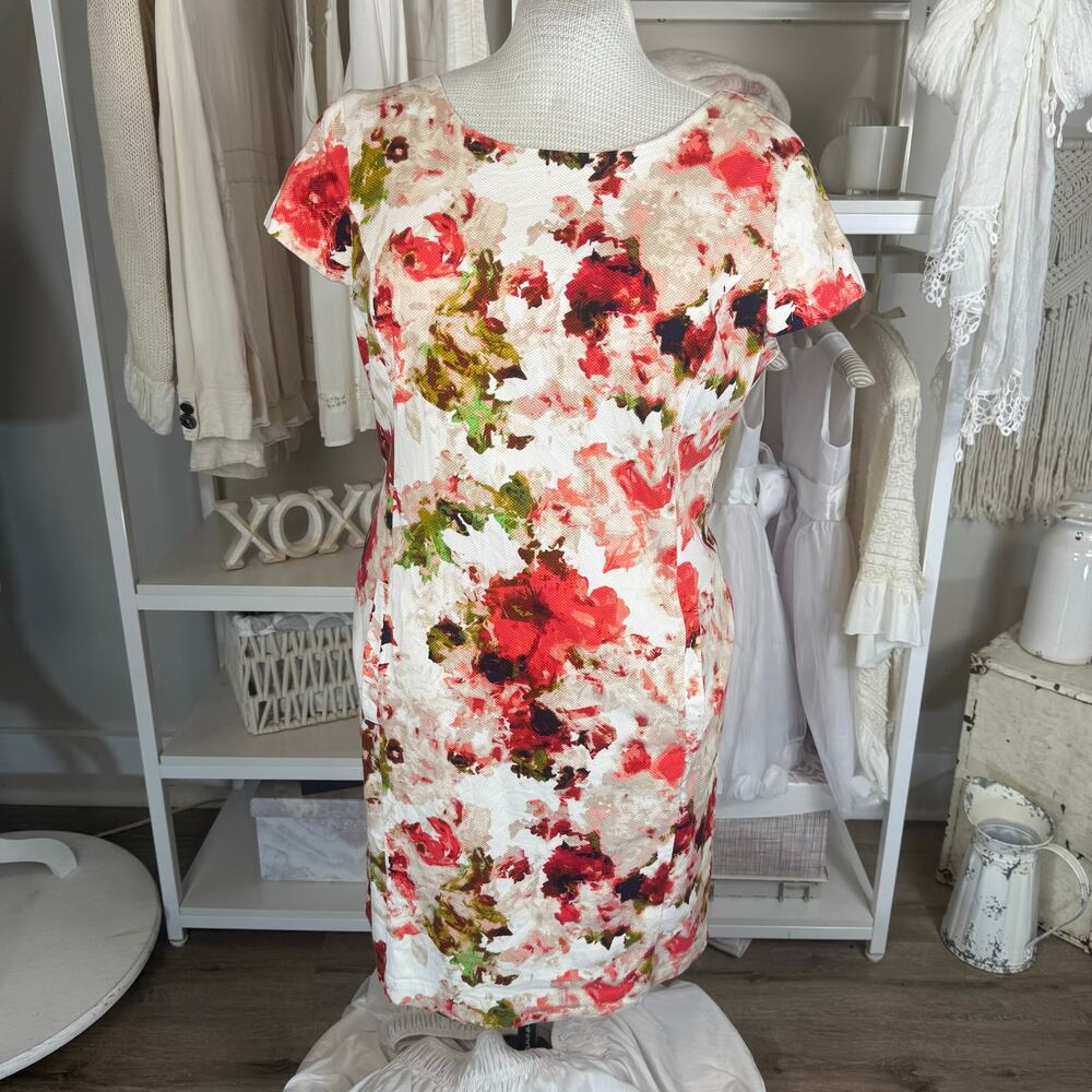 Liz Claiborne White Floral Midi Dress with Red and Green Accents